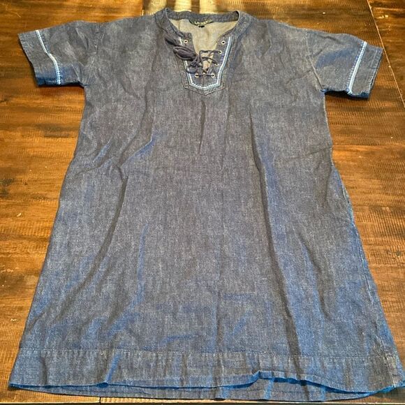 Lauren Ralph Lauren Denim Shift Dress Size 14,Lace-Up Neckline, Embroidery - Picture 1 of 10